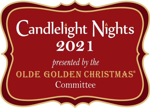 Olde Golden Christmas Logo from 2021. Text reads "Candlelight Nights 2021 presented by the Olde Golden Christmas Committee