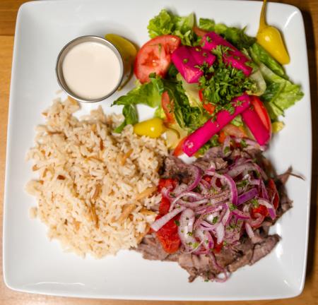 Plate of shawarma from Rosine's Mediterranean Restaurant.