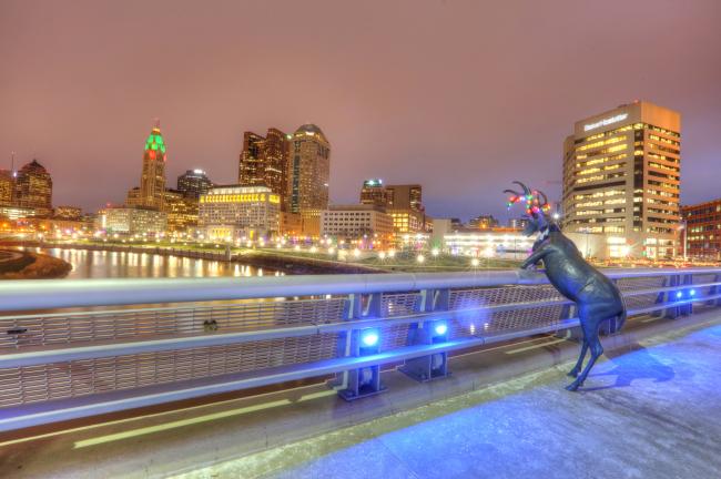 Bronze deer overlooking winter skyline in Columbus