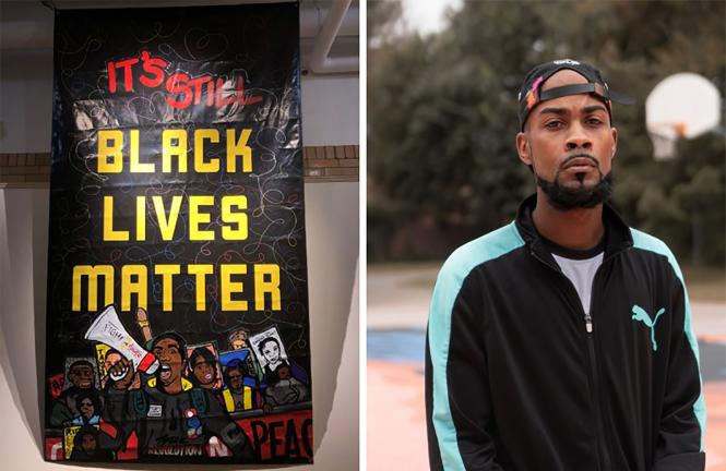 Black Lives Matter banner and photo of the banner's Artist Cell Spitfire