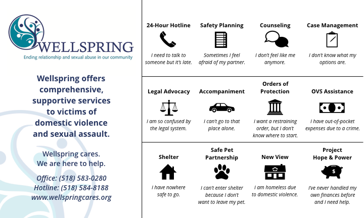 Wellspring domestic violence survivor services: 24-hour hotline, safety planning, counseling, case management, legal advocacy, accompaniment, orders of protection, OVS assistance, shelter, safe pet partnership, new view, project hope & power