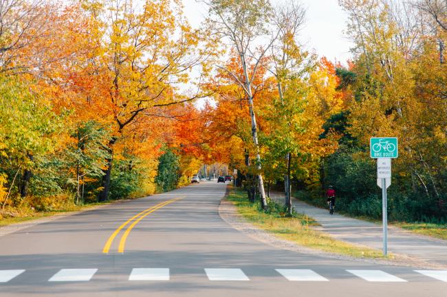 A cyclists riding along the fall foliage on the Marquette city bike path in Marquette, MI