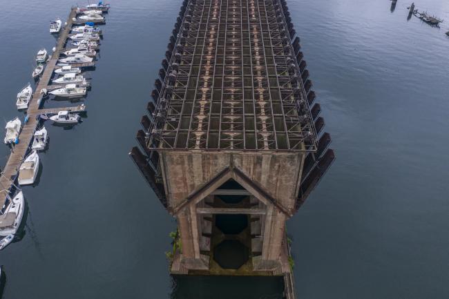 An aerial view of the old ore dock in Marquette's Lower Harbor