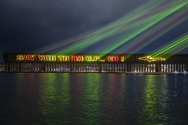 Holiday lasers on the Lower Harbor Ore Dock in Marquette, MI