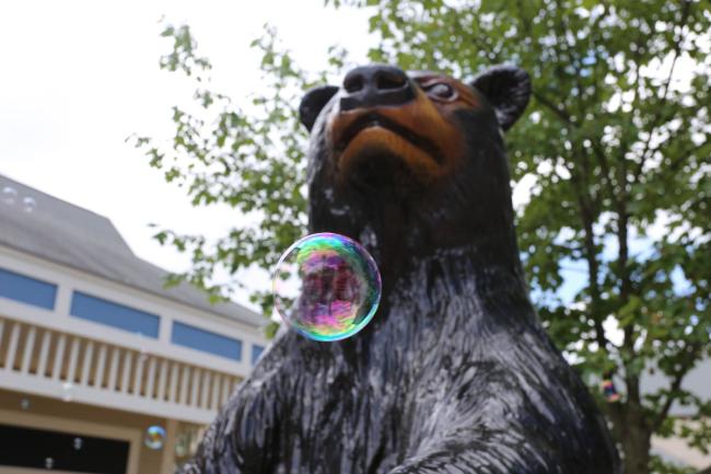 Bubbles and Beats Promo Image - Bear Statue with Bubbles Floating Around It