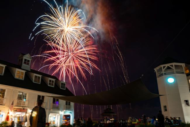 Labor Day Weekend Fireworks Show at Waterville Valley (Fireworks Glittering Above Town Square Filled with Onlookers)