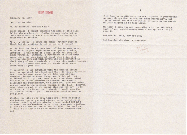 Two pages side by side of a letter from Roddy McDowall to Ava Gardner, 1989.