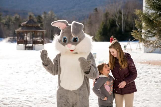Easter Bunny with Snowy Field and Two Excited Girls