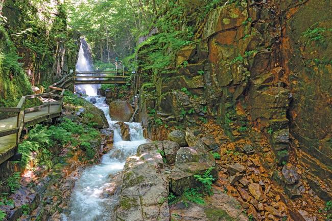 A serene waterfall cascades over rocky terrain, with lush greenery and wooden walkways enhancing the natural beauty of the scene.