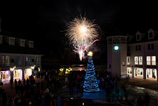 Waterville Valley Town Square Fireworks (Christmas Tree with Fireworks in Distance at Nighttime)