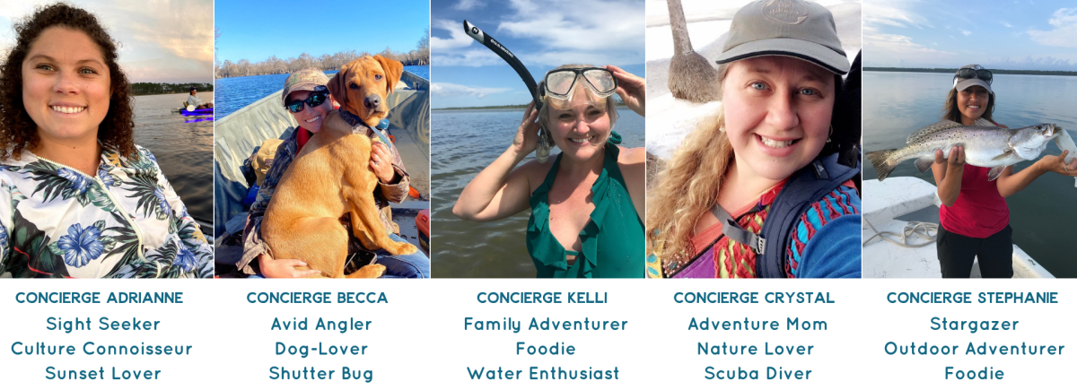 a collage of 5 different concierges, all women enjoying the outdoors in Gulf County.