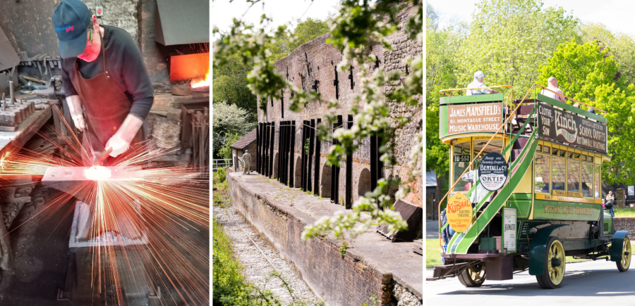 a blacksmith, forge and vintage bus at Amberley Museum
