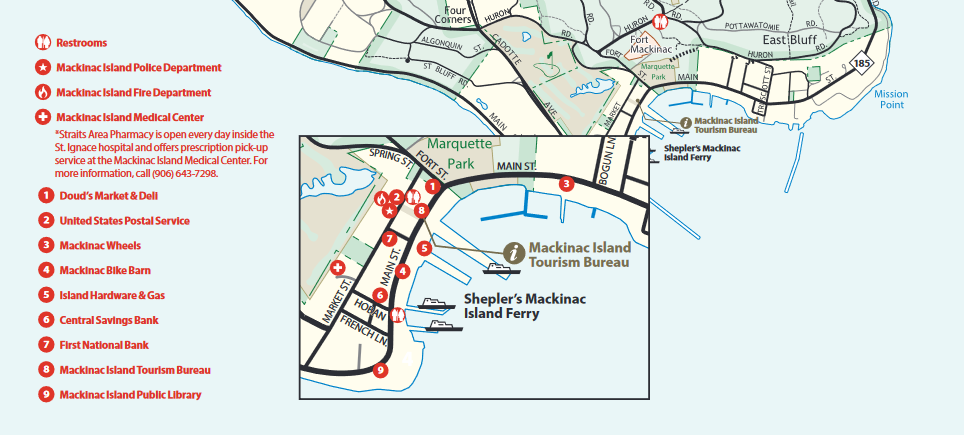 Map of where to find basic necessities in downtown Mackinac Island
