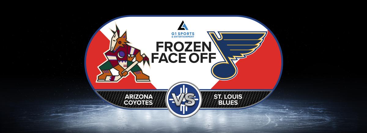 A poster advertises the Arizona Coyotes and St. Louis Blues who will play against each other during a pre-season NHL hockey game at INTRUST Bank Arena