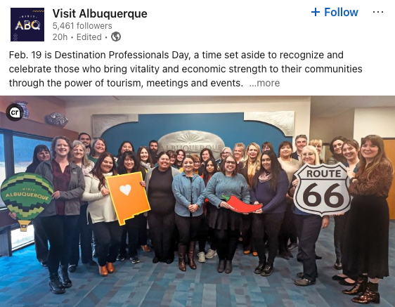 A LinkedIn post from Visit Albuquerque celebrating Destination Professionals Day.