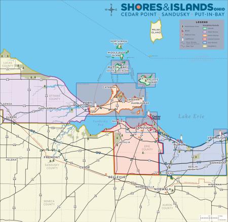 Map of the Shores & Islands Ohio region showing Erie and Ottawa counties, Lake Erie, and surrounding communities in northern Ohio.