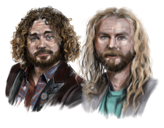 Illustration of two men with long curly hair