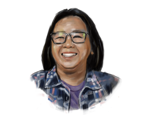 Illustration of woman with dark hair and glasses