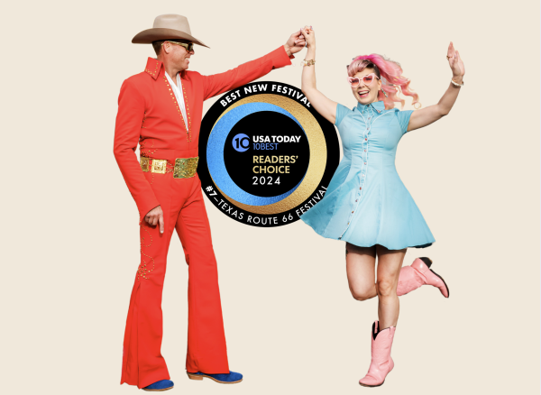 Two people in retro-inspired outfits celebrating. The man wears a red Elvis-style jumpsuit with a cowboy hat and gold belt, while the woman wears a light blue vintage-style dress, pink cowboy boots, and pink heart-shaped sunglasses. They are dancing with arms raised, and a USA Today 10Best Readers' Choice 2024 badge overlays the image, highlighting the Texas Route 66 Festival as the #7 Best New Festival.