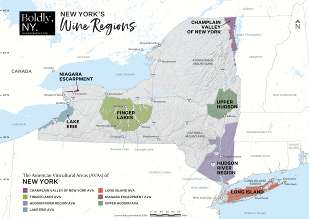 A map of New York State's wine regions