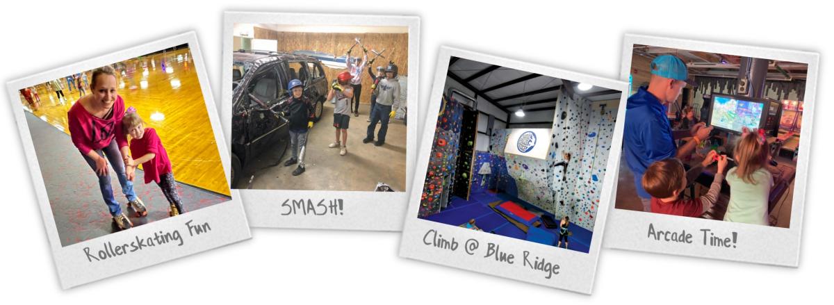 Four Polaroid photographs depict fun in Taylors, SC: rollerskating, a rage room, indoor rock climbing, and arcade games.