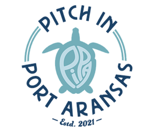 Logo: blue seaturtle with the letters PIPA inside the shell surrounded by the words "Pitch In Port Aransas" in a circle arround the turtle