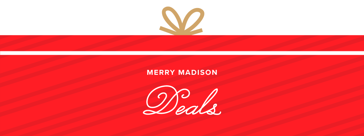 A long and skinny gift box graphic with red stripes and a gold bow. The box says Merry Madison Deals