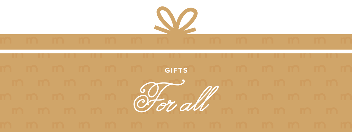 A graphic of a gold package that says Gifts for All