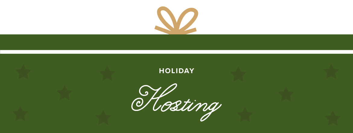 A long and skinny gift box graphic with green wrapping paper and a gold bow that says Holiday Hosting