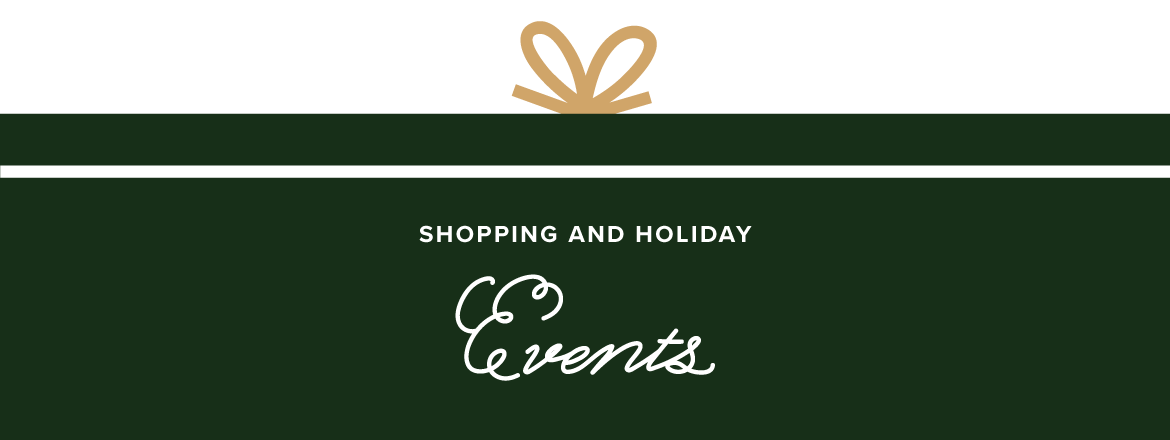 A long and skinny gift box graphic with dark green wrapping that says Shopping and Holiday Events