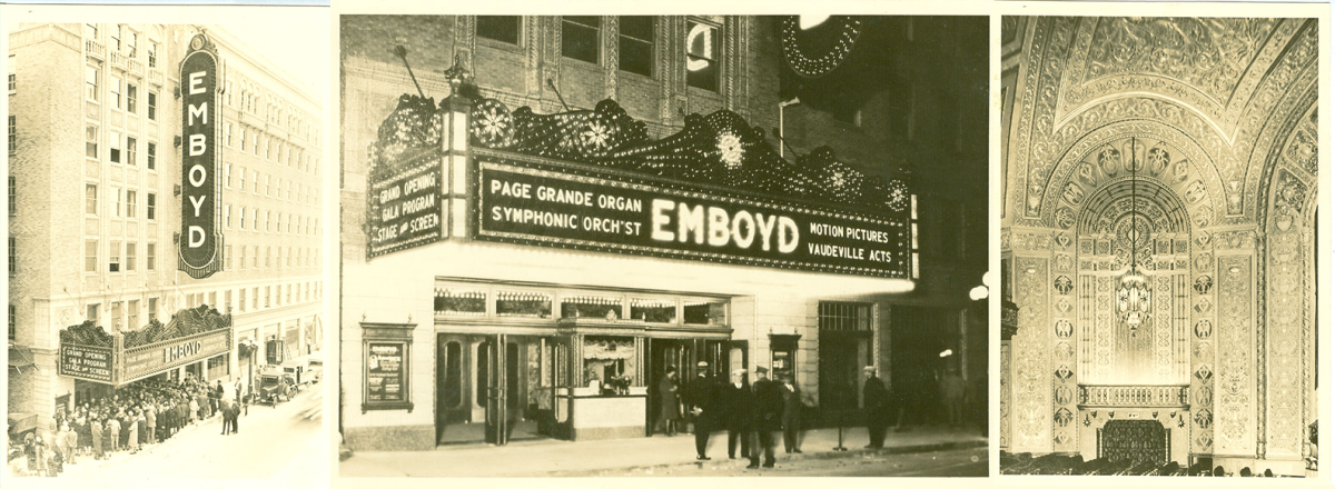 Three historic sepia photos of the Embassy Theatre depict the old marquee sign saying "Emboyd" and the crystal chandelier hanging from the 80-foot vaulted ceiling.