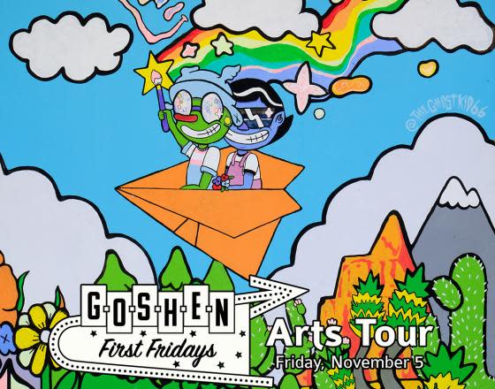Illustration for Goshen First Fridays featuring a cartoon boy and girl riding a paper airplane