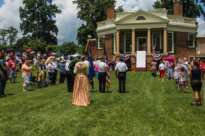 Uniformed and costumed participants at the Poplar Forest Independence Day Celebration near Roanoke, VA