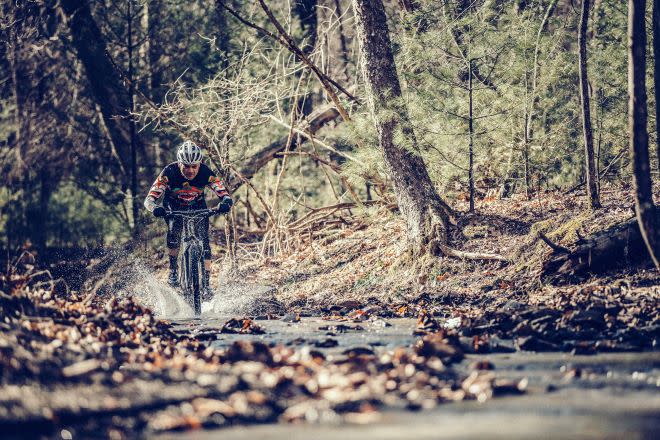 Splashing through a creek crossing at Carvins Cove