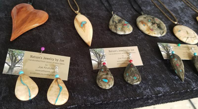 Uniquely beautiful jewelry from local Indiana Artisan Joe Krutulis is often made from found pieces of wood. You can find these striking creations at The Sterling Butterfly in downtown Martinsville.