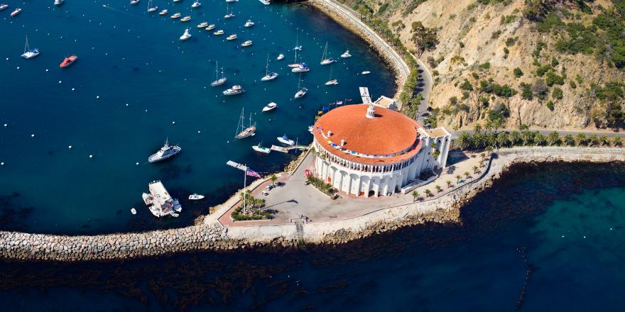 Aerial view of the Catalina Casino and harbor