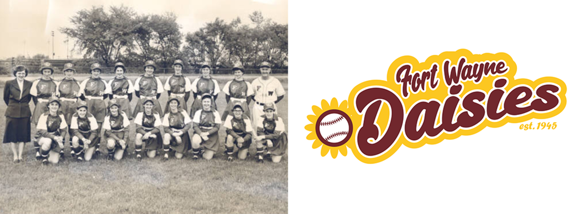 Historic photo of the Fort Wayne Daisies women's baseball team on the left and their team logo on the right