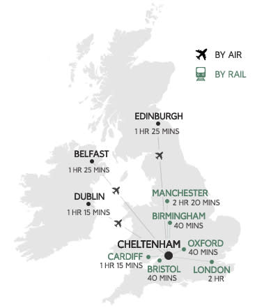An image of a map showing the UK and Cheltenham's location from major towns and cities