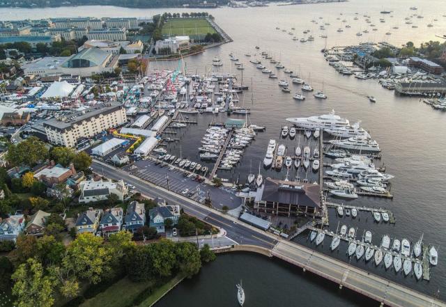 Aerial view of Annapolis harbor during sailboat show with loads of  boats looking out across the water to the Chesapeake Bay