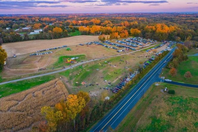 Knightongale Farm from above showing the fall colors