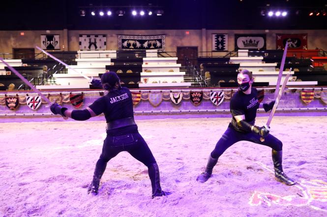 two knights practice for their performance at Medieval Times