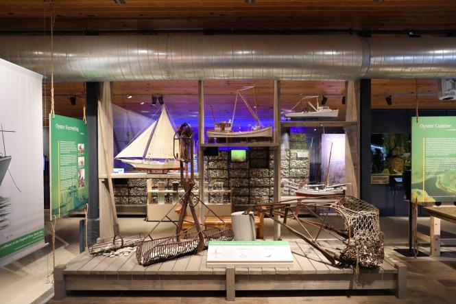 Boats and oyster dredging tools at the Annapolis Maritime Museum