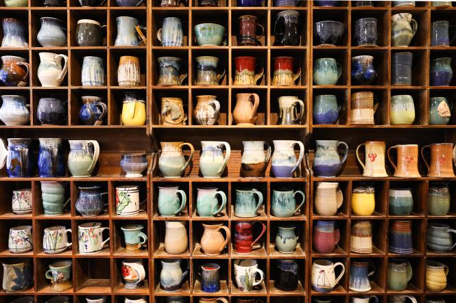 The mug wall in Annapolis Pottery.