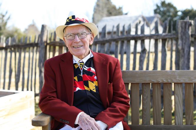 Web Chamberlin dressed in his Maryland Flag attire at London Town & Gardens.