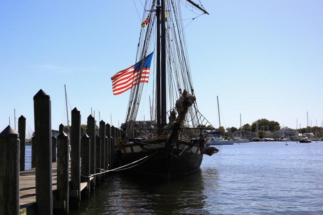 The American flag flies on the Tall Ship Lynx.