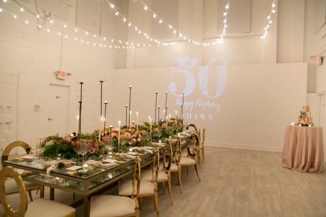 A 50th birthday celebration set up at Prism