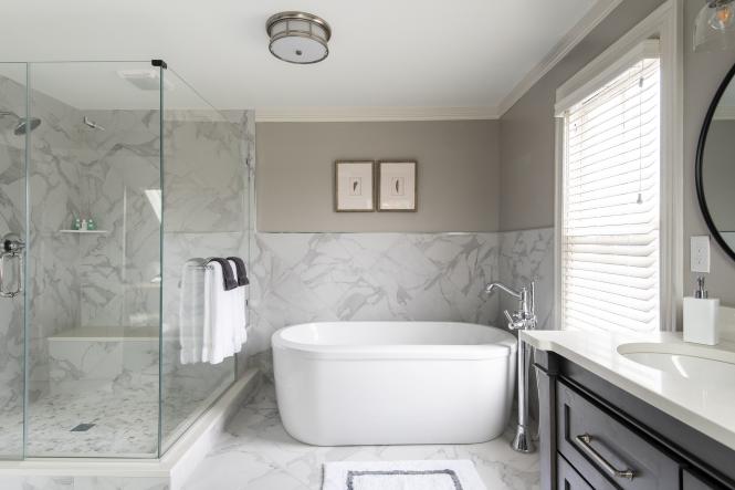 A spa bathroom with soaking tub