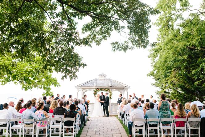 A waterside wedding at Kurtz Beach's pavilion.