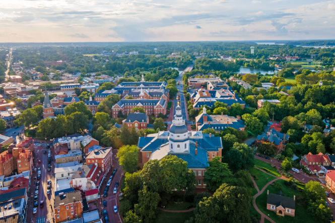 an aerial view of downtown Annapolis State House Dome