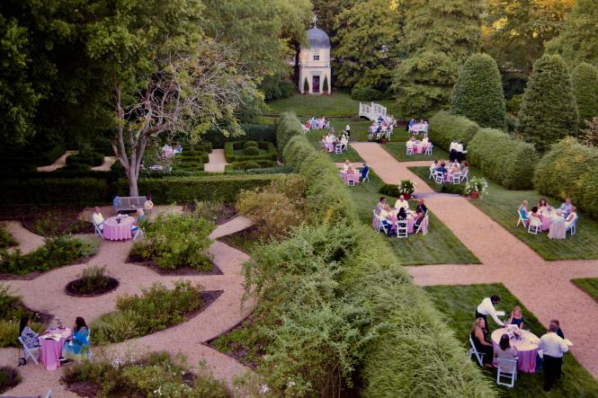Aerial view of William Paca Garden's al fresco dinner party